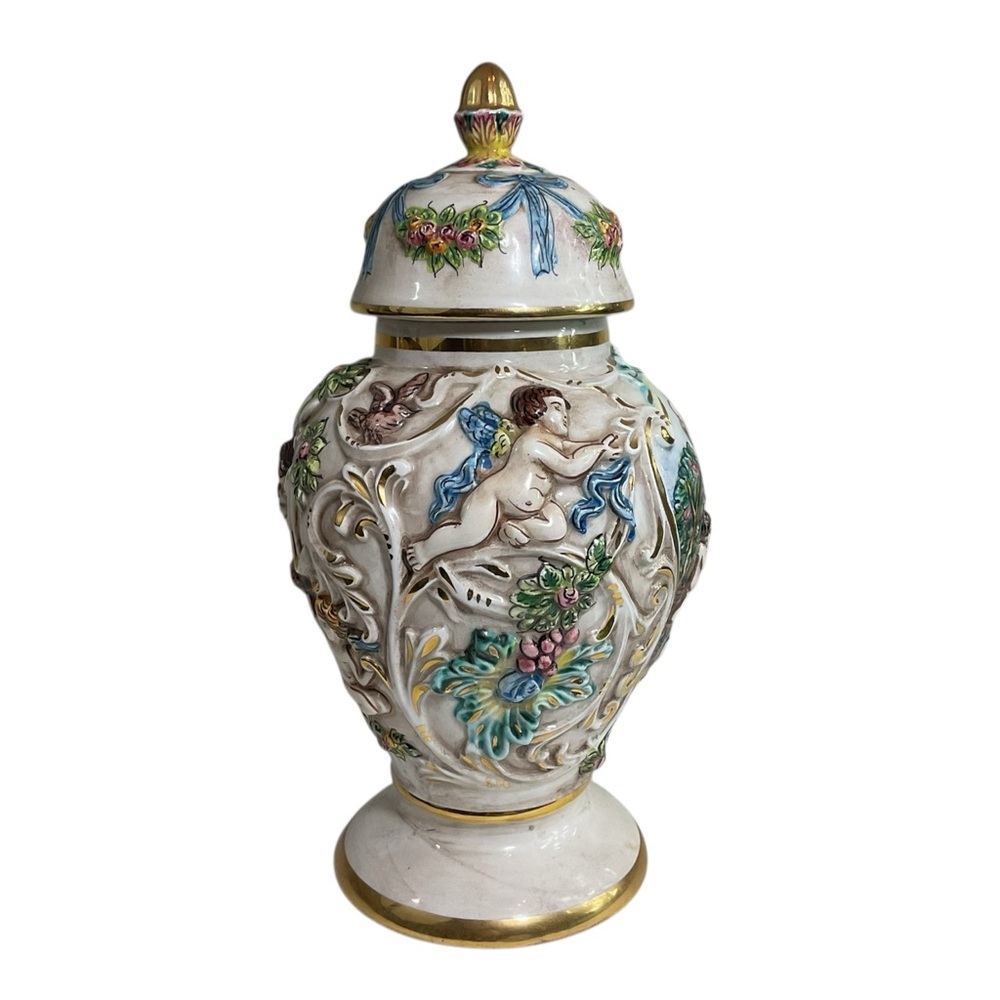 Vintage Capodimonte 3D Figural Cherubs With Flowers Lidded Ginger Jar Urn Italy - Picture 8 of 12